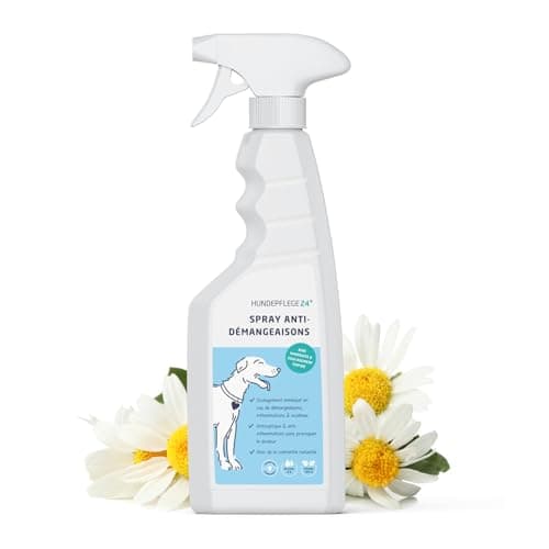 Hundepflege24 Spray Anti demangeaison Chien 500ml - Aide d'urgence immédiate & apaisement Efficace Contre l'inflammation, Les acariens, aoûtats, mycoses & puces - Anti demangeaison pour Chien et Chat