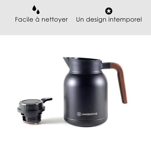 Thermos Hanseküche (1,5L) en acier inoxydable 304 de haute qualité - thermos, cafetière avec aspect bois élégant (noir)