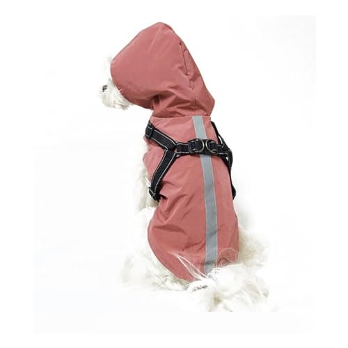 PETCUTE Imperméable pour Chien avec Harnais,Imperméable Chien avec Capuchon,100% étanche et Coupe-Vent Imperméable pour Chien avec des Bandes Réfléchissantes,Respirant Manteau pour Chiens Rose Rouge
