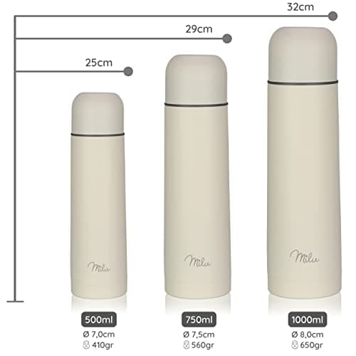 Milu Bouteille isotherme en acier inoxydable - 1L, 750ml, 500ml - Thermo Double Paroi, Sans BPA, Transport Café, Thé, Eau (Buttercream, 1000 ml)