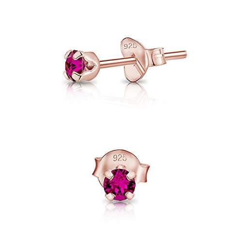 DTPsilver - * MINI * Boucles d'oreilles/Clous en Argent Fin 925 Plaqué Or Rose et Cristaux de Swarovski® Elements Ronds - Diamètre: 3 mm - Couleur: Fuchsia