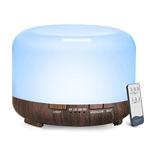LONID 500ml Diffuseur d'Huile Essentielle, Ultrasonique Diffuseur Huiles Essentielles, Humidificateur d'air lumières 7 Colorées,Arrêt Automatique 4 Timing, Spa, Yoga, Massage,Apaisant (Noir)
