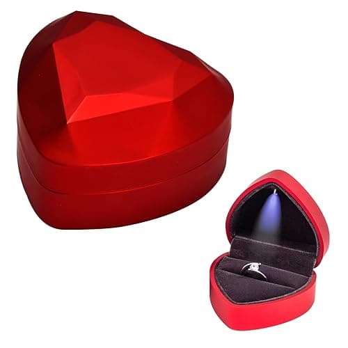 Jinlaili Boîte à Bague en Velours, Boîte de Bague avec Lumière LED, Ecrin Bague Forme de Coeur, Boîte à Bijoux Rangement, Coffret Cadeau à Bague pour Mariage Fianailles Cérémonie, 70x65x45MM (Rouge)