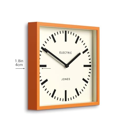 JONES CLOCKS® Box Railway Dial Wall Clock - Square Clock - Station Clock - Kitchen Clock - Office Clock - Retro Clock - Designer Clock - Colourful Case - Station Dial