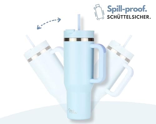 Milu Gobelet thermique 1200ml avec paille & anse, 24h glacé / 12h chaud Tumbler 40oz en acier inoxydable avec poignée, isolant bouteille to go (Morning Blue, 1200ml)