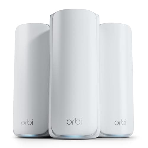 NETGEAR Orbi Système WiFi 7 Mesh Tri-Bande (RBE773) - Pack de 3 - Couverture de 750m2, 100 appareils - Port internet 2,5 Gbit/s - BE11000 (11 Gbit/s) - compatible mur épais et toutes box