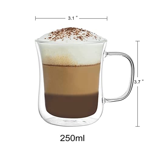 Lot de 2 Verres à Double Paroi 250ml - Verres à Cappuccino avec Poignée - Tasse à Café en Verre Borosilicate pour Thé, Lattes, Jus et Eau - Cuillères en Verre Incluses