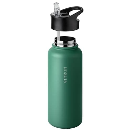 VINSUN Gourde Isotherme 1l - Gourde Inox avec Paille (3 Bouchons) - Étanche, sans BPA, Reutilisable - Bouteille d'eau Isotherme pour Sport, Randonnée, École, Bureau