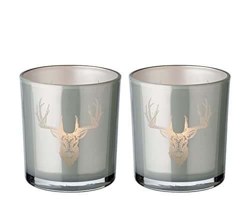 EDZARD Lot de 2 photophores en Verre ETO (Hauteur 8 cm, Ø 7 cm), Gris, photophore avec Motif cerf