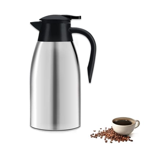 Pichet Isotherme 2L Thermos café 304 Acier Inoxydable Double-Wall Vacuum Isolé thermos 2L avec Poignée et Bec Café Pot Thermos pour Eau Chaud au Bureau Hôtel et Restaurant (argent)