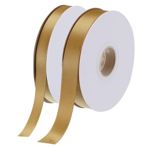 QUARKZMAN Ruban Satin de 50 Yards/150 Pieds pour Emballage Cadeau 1 cm et 1,5 cm Ruban Gros-Grain pour Saint-Valentin pour Gâteau de Fête, Bouquet de Fleurs, Doré (25 Yards/Chaque Rouleau)