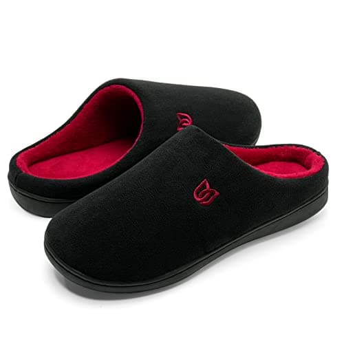 WateLves Chaussons Homme Pantoufle Femmes Hiver Court Peluche mémoire Mousse Chaud Coton Mixte Adulte (Noir Rouge, 42/43EU)