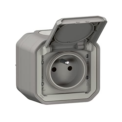 LEGRAND - Prise Etanche IP55 avec Terre Plexo - Prise 2P+T 16A Complète avec Volet - Pour Pose en Apparent - Gris