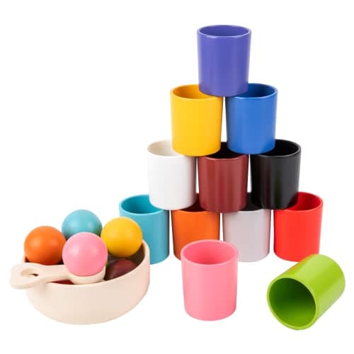 Auvewilo Jouet de Tri de Couleurs avec Boules et Gobelets en Bois, Ensemble de Jeu d'Association Montessori pour Enfants