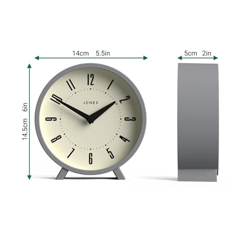 JONES CLOCKS Horloge de Bureau Venus' - Design Rond Moderne en Gris, Look rétro élégant pour étagère, Table, cheminée ou Chevet