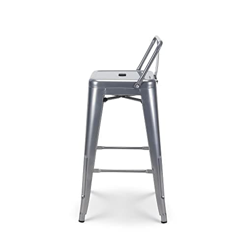 Kosmi - Tabouret de Bar en métal Brut Silver avec Dossier - Hauteur Assise 66cm