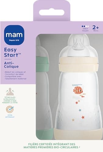 MAM - Lot de 2 biberons Easy Start Anti-Colique 2+ mois débit moyen (2 x 260 ml) Menthe + Coton – Biberon pour réduire les coliques et l'inconfort de bébé – Biberon bébé compatible avec l'allaitement