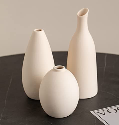 Lot de 3 Mini Petits Vases en Ceramique Beige Simple Boho Decoratif pour Centre de Table Deco, Beige