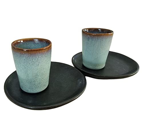 PintoCer Lot de 2 tasses à expresso en céramique sans anse Bleu/noir