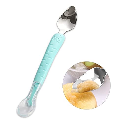 Cuillere Bebe, Cuillere Bebe Silicone 1er Age Bebe Sans Bpa Nourriture Complémentaire Gratter Des Fruits s'Adapte à La Bouche De Bébé Passe Au Micro-Ondes, Au Lave-Vaisselle Et Au Congélateur (Bleu)