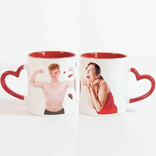 Mug céramique personnalisé photo avec anse cœur et intérieur rouge – Tasse personnalisable avec anse cœur rouge – Idée cadeau femme, homme, noel, fête mères, st valentin