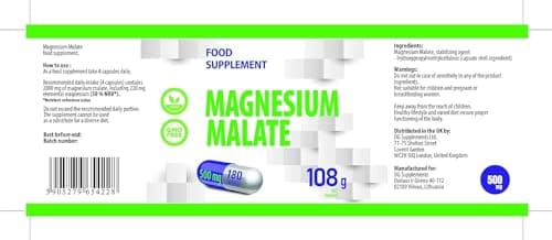 Malate de magnésium 2000mg par portion 180 Gélules Végétales, Testé par un Laboratoire tiers, sans gluten ni OGM