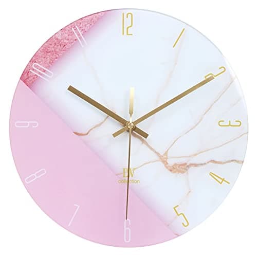 LW Collection Horloge Murale Verre Marbre Andrea Blanc Rose 30 cm - Petite Horloge - Horloge Murale Silencieuse - Horloge de Cuisine Mouvement Silencieux