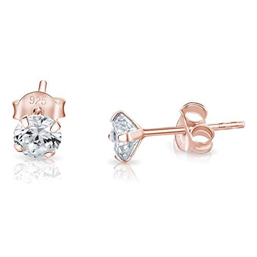 DTPsilver® boucles d'oreilles femme argent 925 - MINI/Petits/Moyens Clous Puces d'oreilles en Plaqué Or Rose et Oxyde de Zirconium Ronds - Diamètre: 5 mm - Blanc/Clair CZ
