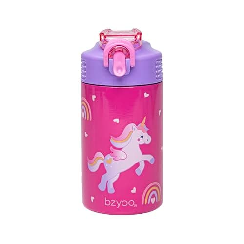 bzyoo Bouteille d'eau en acier inoxydable pour enfants 473,6 g – Étanche et facile à ouvrir ! Rose avec jolis motifs de licorne. Dispose d'une poignée et d'une fermeture sécurisée. Comprend une paille