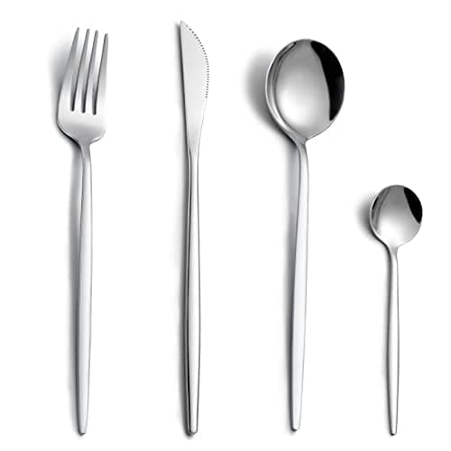 Couverts de table pour 6 personnes, Pleafind 24 pièces couverts en argent, set couverts de table, couverts inox avec couteau, fourchette, cuillère, passe au lave-vaisselle et poli miroir
