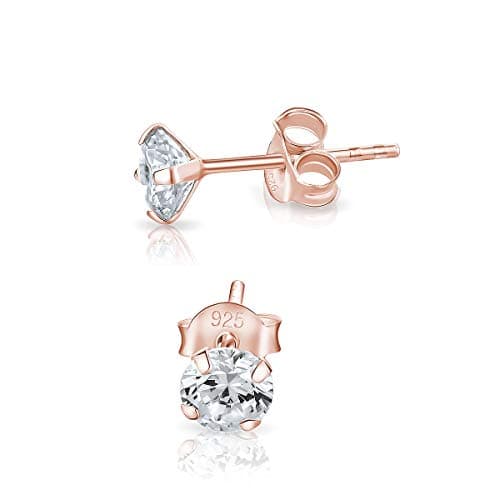 DTPsilver® boucles d'oreilles femme argent 925 - MINI/Petits/Moyens Clous Puces d'oreilles en Plaqué Or Rose et Oxyde de Zirconium Ronds - Diamètre: 5 mm - Blanc/Clair CZ