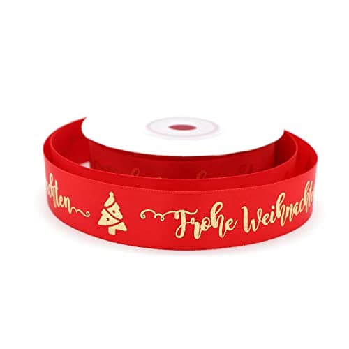 OMISS - Frohe Weihnachten - Ruban Rouge et Ecriture Or - Ruban de type Satin de 19mm