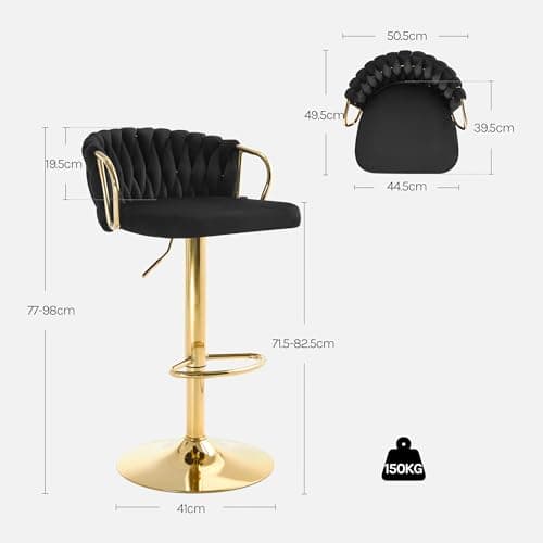 WOLTU Lot de 2 Tabouret de Bar avec Dossier Tissé et Repose-Pieds, Tabouret Pivotant à 360°, Hauteur Réglable, Base Évasée en Métal, Noir, BH426sz-2