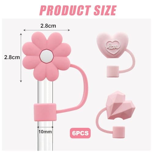 Ruzister Lot de 6 couvercles de paille en silicone compatibles avec Stanley Cup - Adorable embout de paille rose - Compatible avec les gobelets de 10 et 10 ml avec poignée - 10 mm