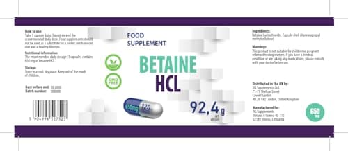Betaine HCL 650mg 120 Gélules Végétales, Testé par un laboratoire indépendant