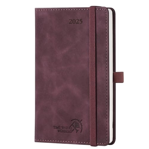 POPRUN Agenda de Poche 2025 Semainier et Carnet de Notes 16 x 10,5 cm - Couverture en Cuir A6 petite Planner, D'Jan 2025 à Déc 2025, Signet à 2 rubans, Papier 100 g/m2, Bordeaux-CRT
