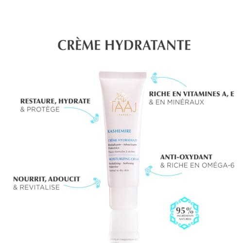 TAAJ | Crème Hydratante Texture Légère - KASHEMIRE | Revitalise, Hydrate, Protège & Adoucit la peau | Peau Douce, Souple & Fraiche | Vitamine A, E et minéraux | Vegan | Aloe Vera | 50 ml