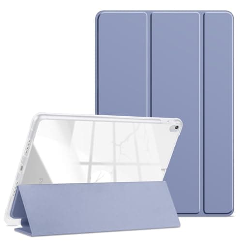 VAGHVEO Coque pour iPad Air 3 2019 avec Pencil Holder, iPad Pro 10,5" 2017 en Cuir PU [Sommeil/Réveil Automatique], Souple TPU de Protection Smart Shell Stand Housse Arrière Translucide, Violet Gris