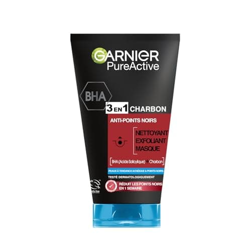 Garnier Pure Active - Nettoyant 3 En 1 - Nettoyant, Exfoliant, Masque - Réduit Les Points Noirs & Prévient Leur Apparition - BHA & Charbon - Vegan & Cruelty Free - Peau Mixtes à Grasses - 150 ml