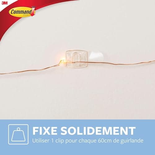 Command Crochets de Fixation, Lot de 20 Mini-Crochets Transparents et de 24 Petites Bandes Adhésive - Pour la Décoration des Guirlandes Lumineuses, Accrochage Sans Dommage