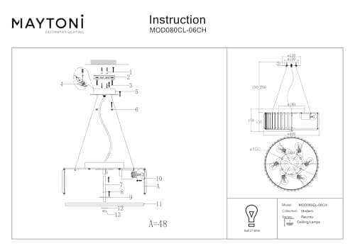 MAYTONI DECORATIVE LIGHTING Lustre à suspension en cristal grand moderne rond style contemporain, en métal couleur chrome excl 6 x 60W E27 230V