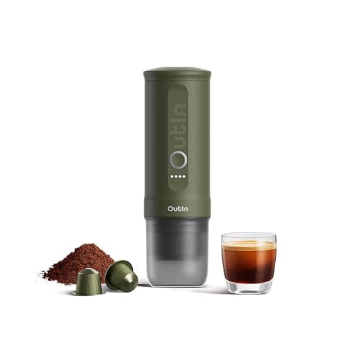 Outin Nano Machine à expresso électrique portable, cafetière de voyage pour camping, cafetière auto-chauffante pour voiture avec USB-C, avec café moulu et capsule NS