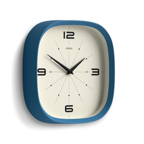 JONES CLOCKS® Horloge Murale Pulsar | Horloge rétro carrée Arrondie | 25 cm | Bleu | Look de Designer Cool pour Cuisine, Salon ou Bureau