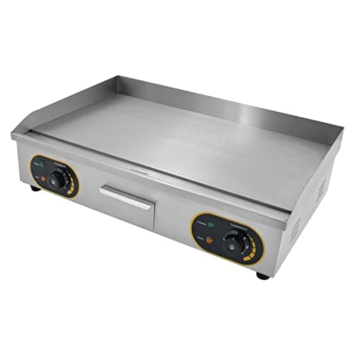 MOOTACO Plancha Électrique Professionnelle Inox 4400W de gril en Fonte 73 * 43cm, Thermostat 50 à 300°C, 2xThermostat, 2 Prises (Entièrement lisse)