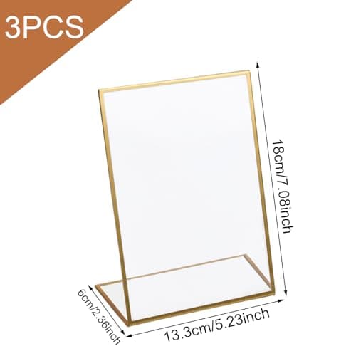 3 Pièces Incliné Présentoir de Table en Acrylique avec Bordure Dorée, Porte Affiche Menu en L, Transparent Présentoir Publicitaire de Table, 5x7 Pouces Supports de Panneau pour Cadres Photo Menus