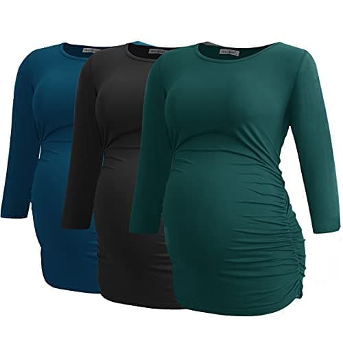 Smallshow Haut de Maternité pour Femmes Lot de 3 Vêtements de Grossesse à Manches froncées 3/4,Black-Deep Green-Teal,S