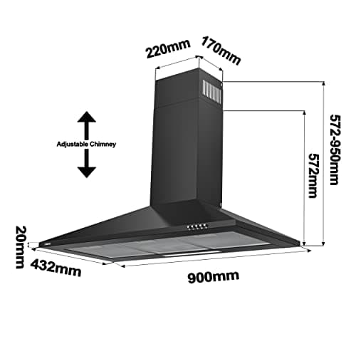 Ciarra CBCB9201 Hotte Aspirante 90 cm - Classe A++ - 370m3/h - 3 Vitesses - Recyclage ou Evacuation - Cheminée Extensible - Filtres à Charbon INCLUS - Noir