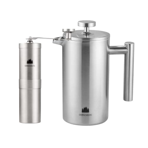 Groenenberg Cafetiere a piston (1 litre) + Moulin à café manuel | Set de remise café avec French Press & Coffee grinder en acier (inox)