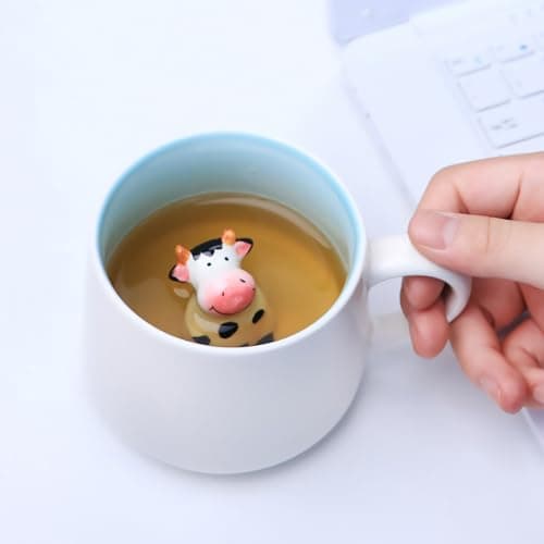 Tasse à café en forme d'animal 3D, 12 oz Figurine de dessin animé amusante faite à la main Tasse à thé au lait, cadeaux d'anniversaire de Noël pour amis enfants filles épouse grand-mère tante (Vache)