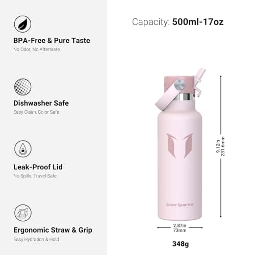 Super Sparrow Gourde Isotherme 500ml - Bouteille Isotherme avec Paille - sans BPA - Gourdes Enfant INOX Bouche Standard pour Sport, Voyages, L'école, Bureau, Maison